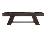 Side profile of the Deerfield pool table highlighting the smooth apron lines and taper of the solid wood legs in rich dark walnut.