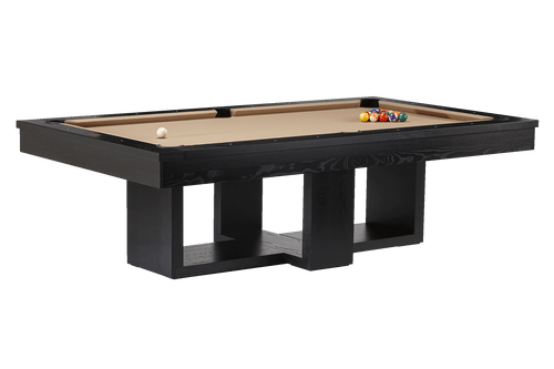 Mohave Slate Pool Table with sculpted tapered legs in Ebony finish, featuring a sleek transitional design and solid wood frame on a white background.