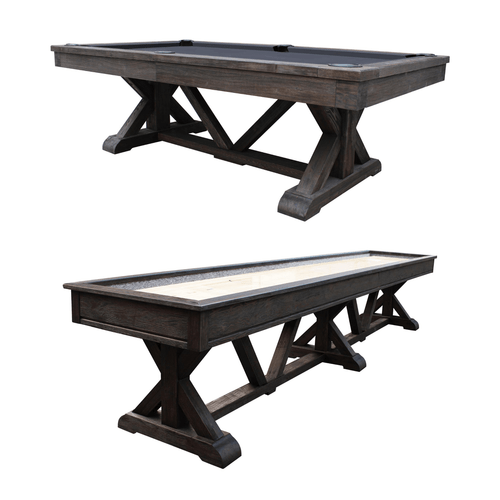 The Brazos River Slate Pool Table & Shuffleboard Combo in Weathered Black features a farmhouse-modern trestle design with bold character and pro-level play.