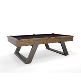 ¾ front angle of the Modesto Pool Table showing the full body, Whiskey wood finish, and clean lines of the tapered steel legs. Captures the commanding modern presence of the table in one frame.

